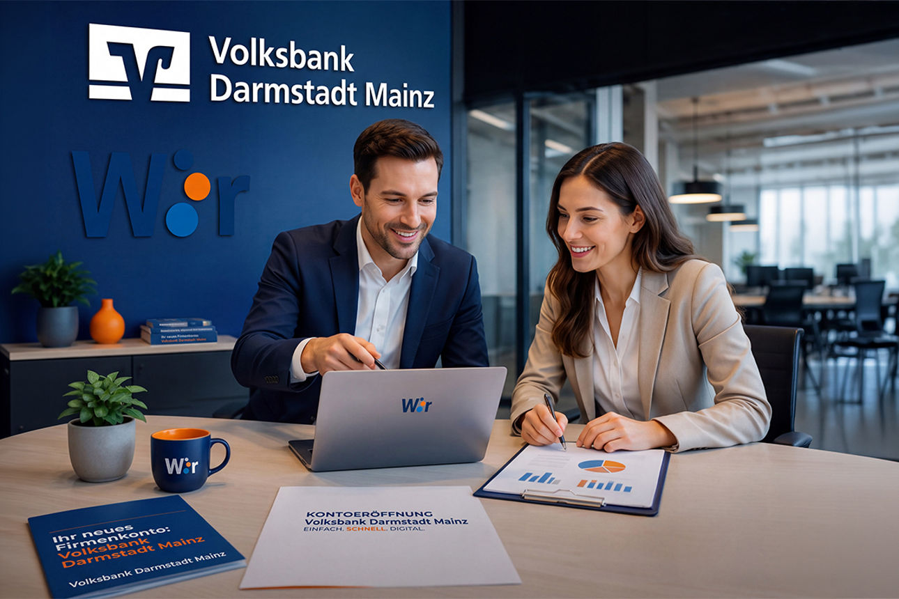 Zwei Personen sitzen in einem Büro der Volksbank Darmstadt Mainz , KI generiertes Bild