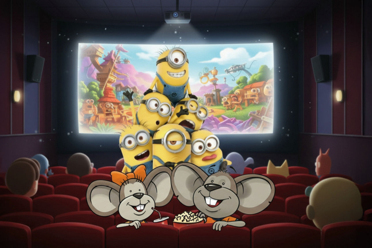 Volksbank-Mäuse Hanni und Manni schauen den Film „Minions & Monster“ im Kino