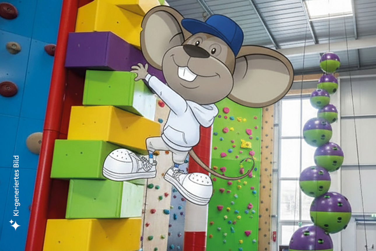 Volksbank-Mäuse Hanni und Manni klettern in der Kletterhalle HAPIK