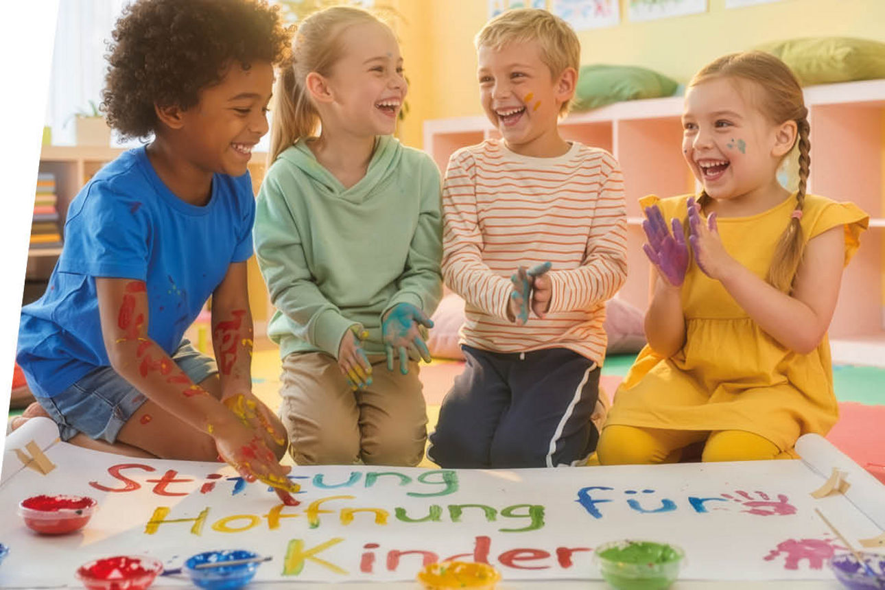 Kinder malen auf ein Plakat "Stiftung Hoffnung für Kinder" mit dem Schriftzug 30 Jahre Stiftung