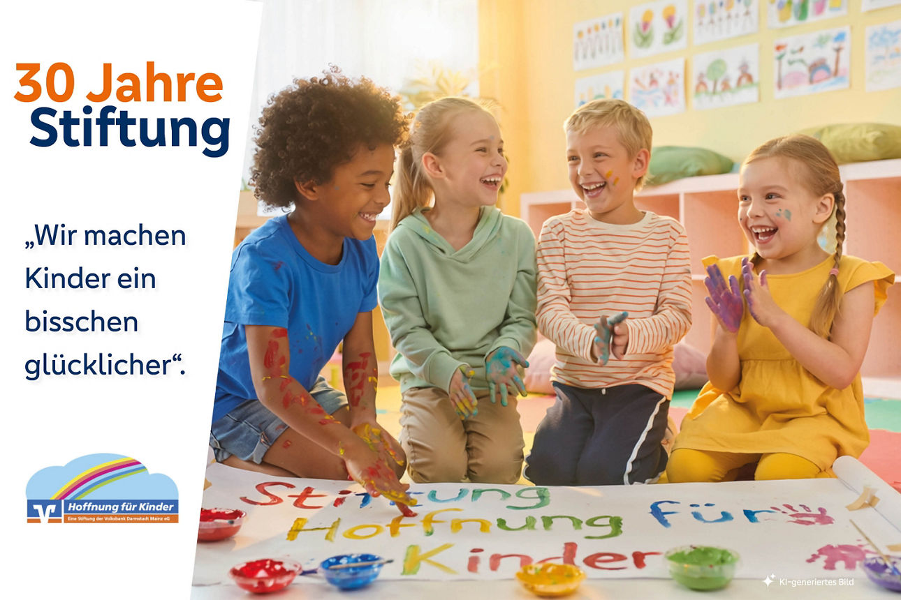 Kinder bemalen einen Plakat mit dem Schriftzug "Stiftung Hoffnung für Kinder" mit dem Text 30 Jahre Stiftung