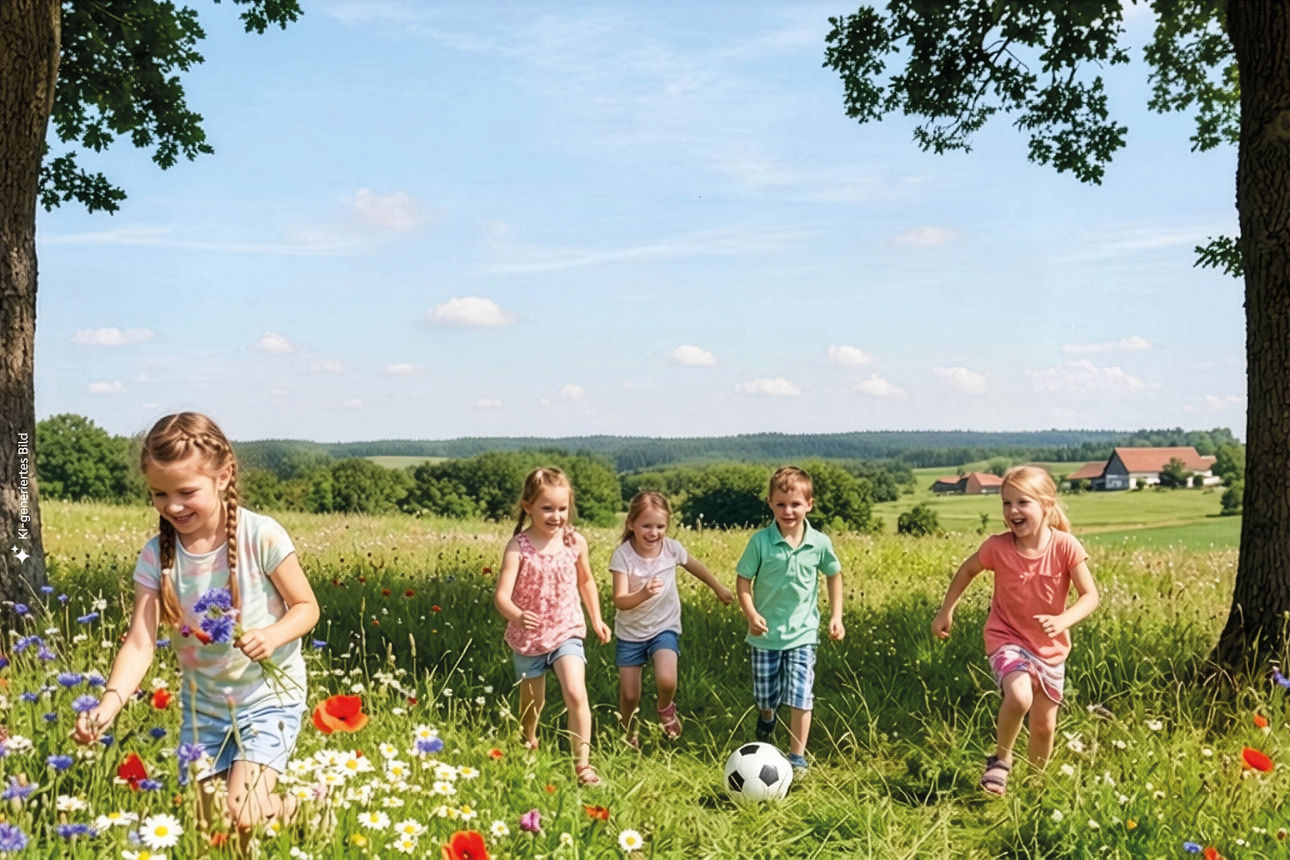 Kinder laufen über eine Wiese