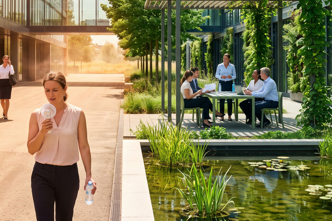 Personen im Innenhof eines Unternehmens bei 39 Grad Celsius
