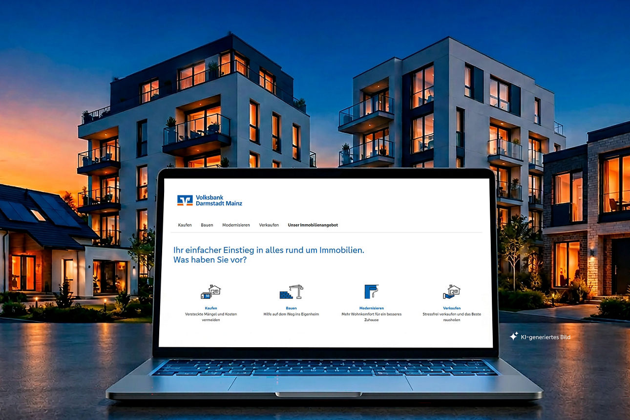 Im Vordergrund eines Wohngebiets steht ein Laptop, der das Serviceportal Bauen & Wohnen der Volksbank Darmstadt Mainz eG zeigt