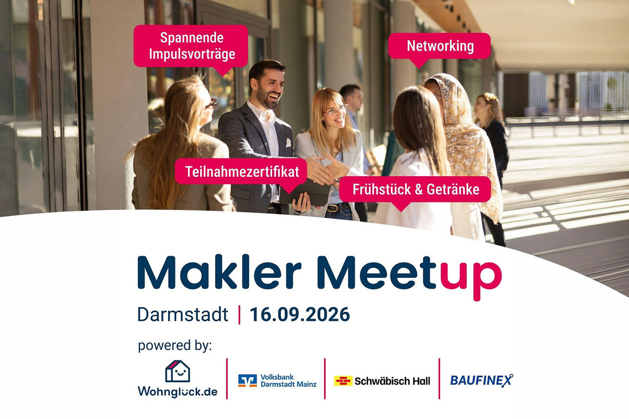 Visualisierung der Veranstaltung Makler Meetup Darmstadt am 16.09.2026, powered by: Wohnglück.de, Volksbank Darmstadt Mainz, Schwäbisch Hall, Baufinex