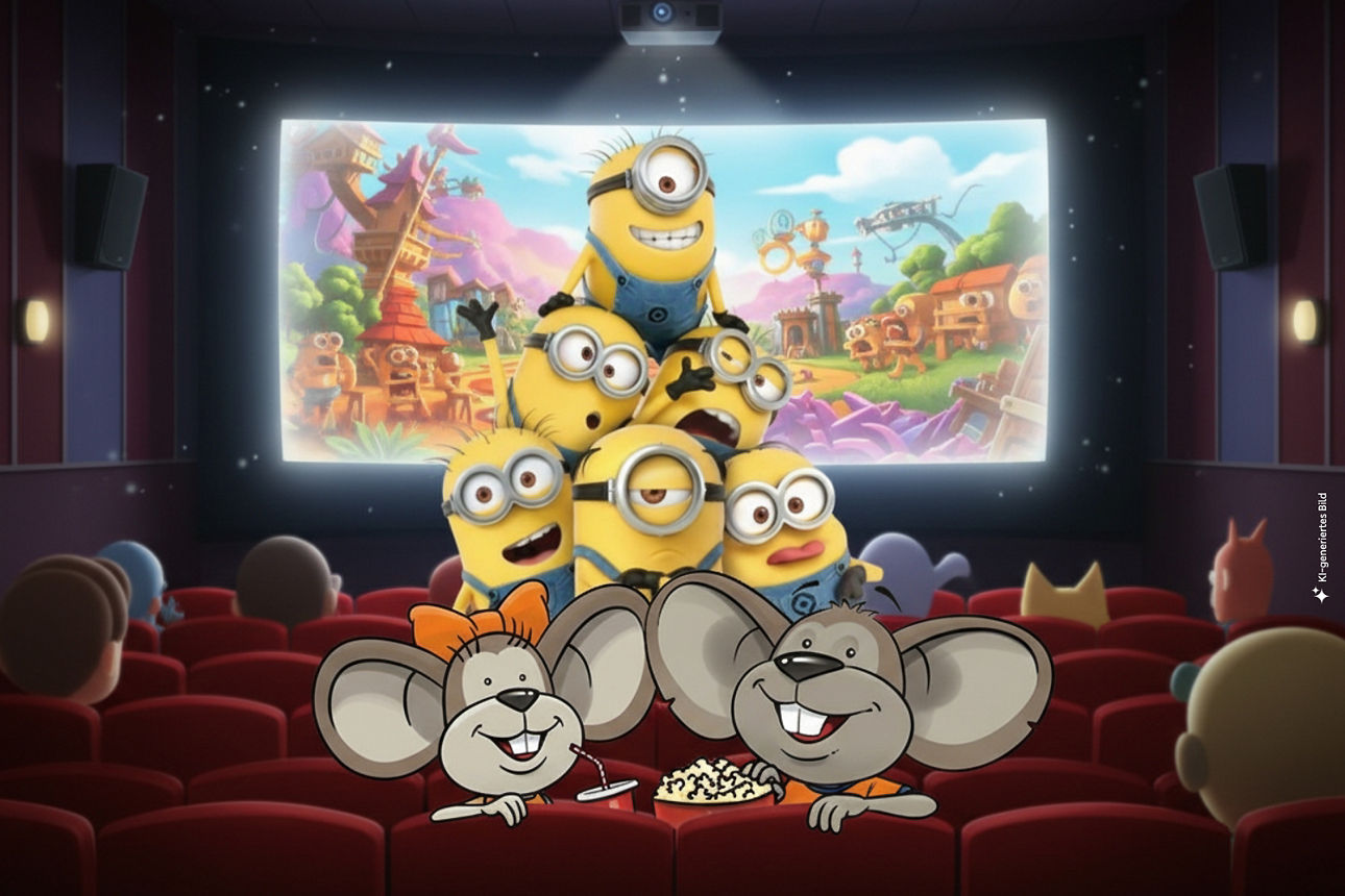 Volksbank-Mäuse Hanni und Manni schauen den Film „Minions & Monster“ im Kino