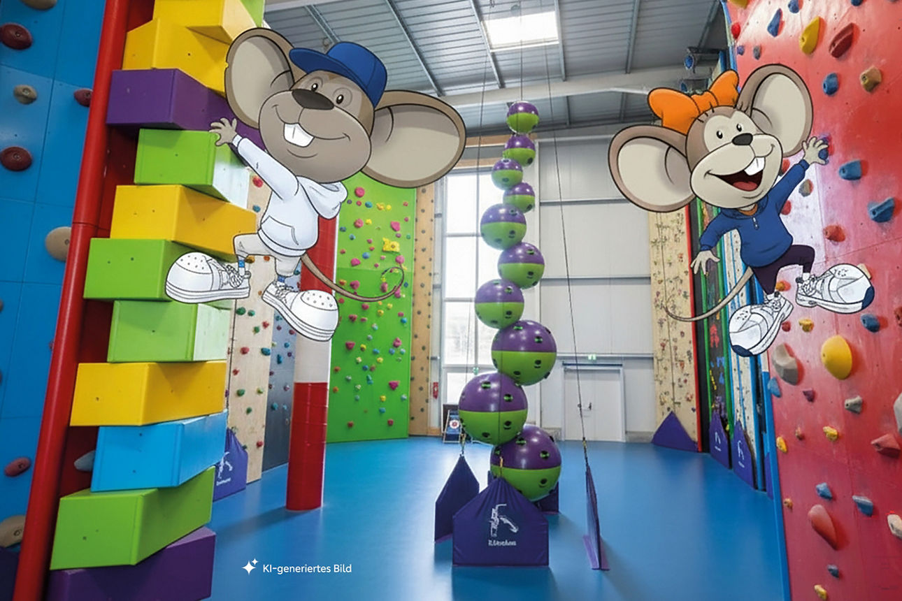 Hanni und Manni hängen an einer Kletterwand in der Kletterhalle HAPIK