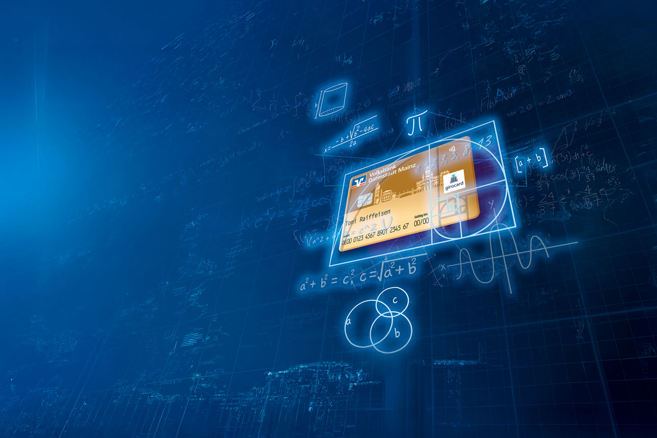 girocard der Volksbank umgeben von mathematischen Gleichungen, Symbolen und Graphen