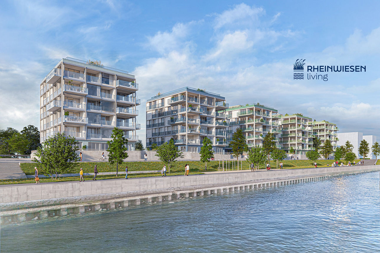 Wohnhäuser des Bauprojektes Rheinwiesen living mit dem Hinweis "Offene Besichtigung am 22./23.08. 14-16 Uhr"
