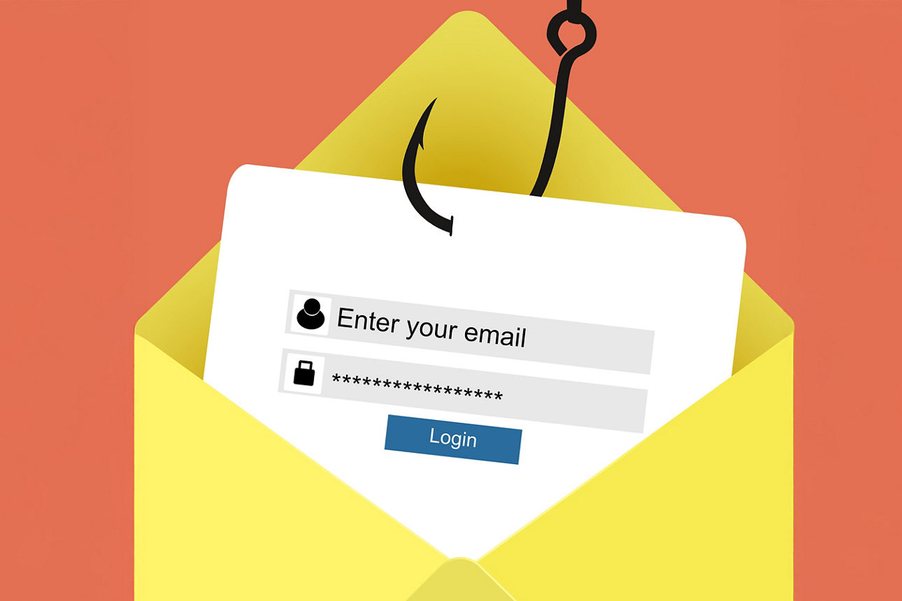 Kärtchen, das an einem Angelhaken hängt und uns vor Phishing warnen soll