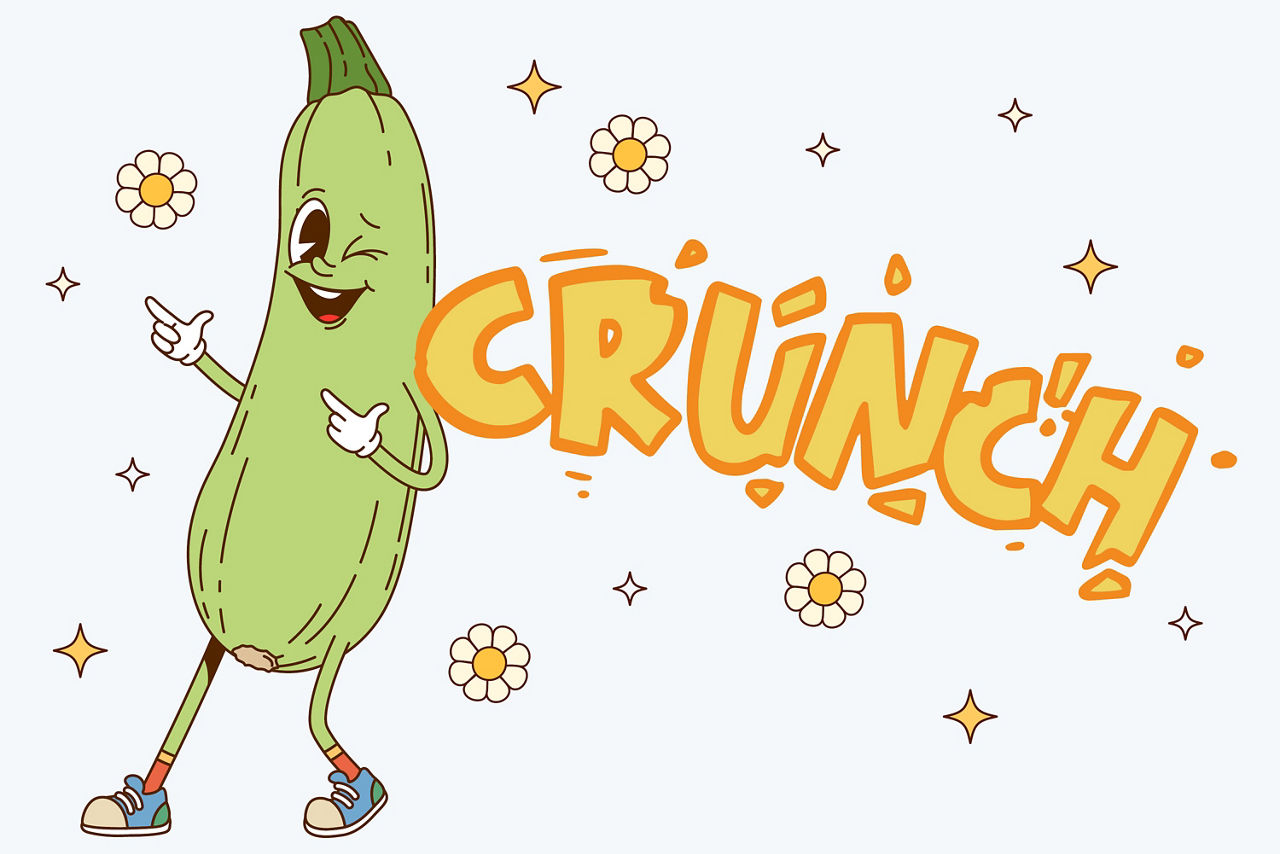 Visualisierung einer Zucchini mit dem Schriftzug "CRUNCH!"