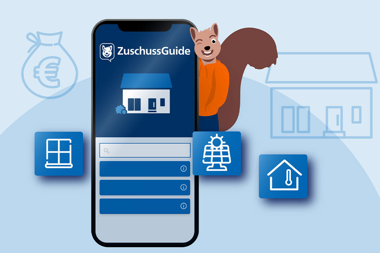 Illustration mit Smartphone-App „ZuschussGuide“, Eichhörnchen und Icons zu Sanierungsthemen.